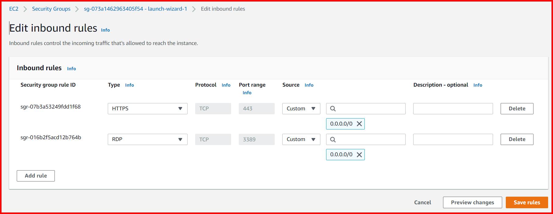 Picture showing adding an inbound rule for HTTPS protocol